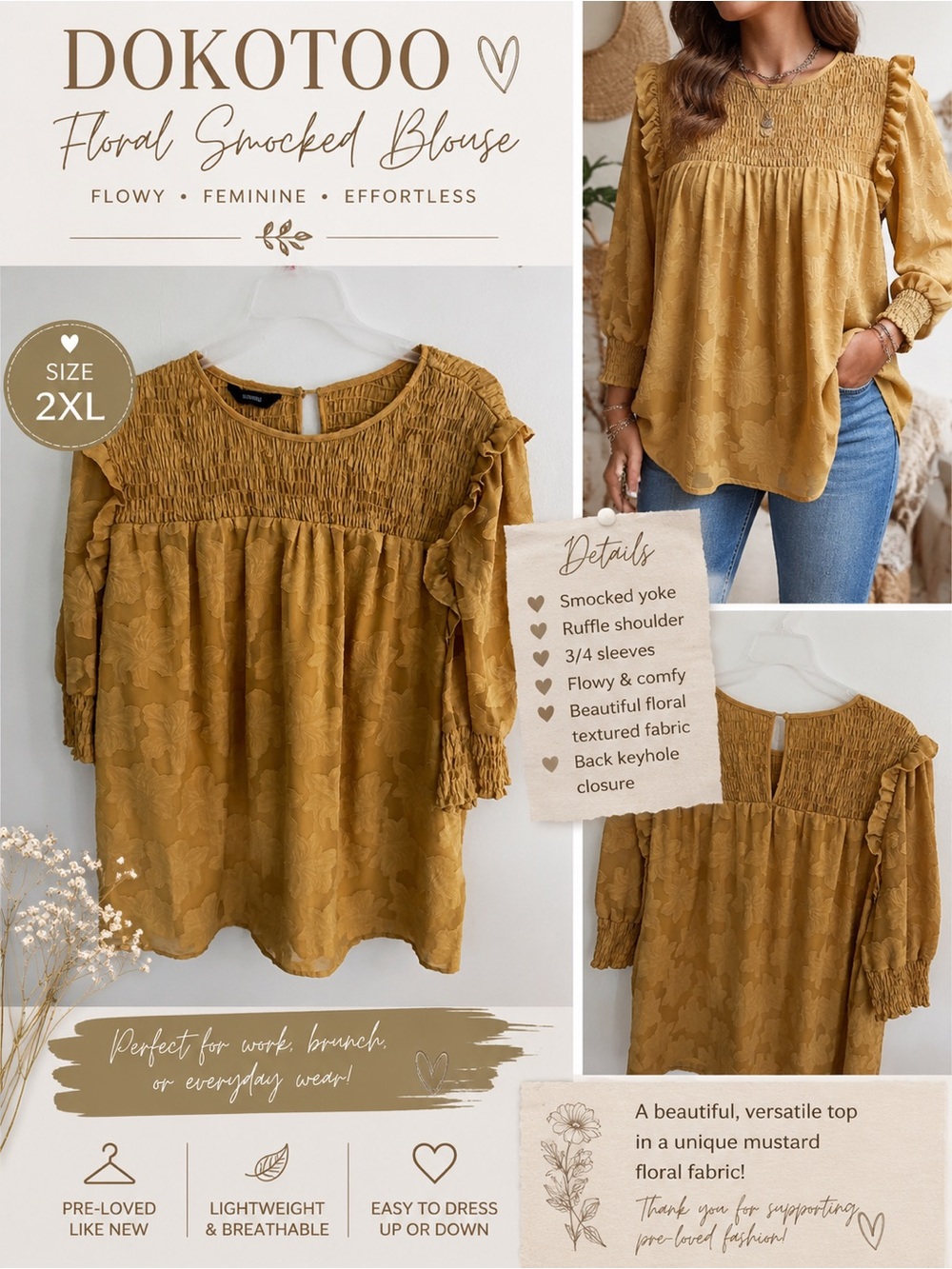 DOKOTOO Mustard Floral Smocked Blouse - Women’s Ruffle Shoulder 3/4 Sleeve Top